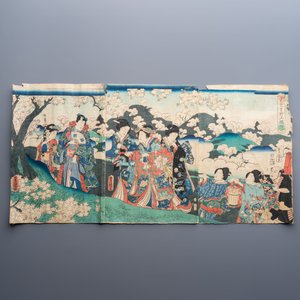 Utagawa Kunisada (1786–1865): 'Mitsuji Yoshinoyama Sakuragari' and 'Ashikaga Mitsuuji Rokujō-dōshi', woodblock prints, Japan, Edo, 19th C. — foto 4