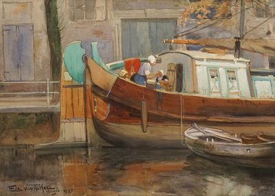 Van Acker, Flori (1858-1940): Une vue sur le Quai Vert à Bruges, aquarelle sur papier, signé et daté 1897