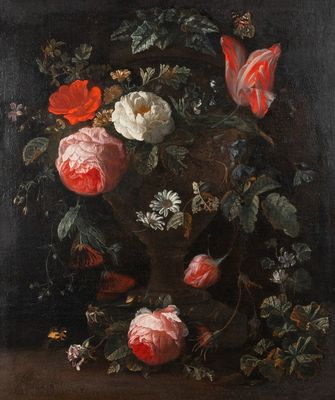 Van Verendael, Nicolaes (1640-1691, toegeschr. aan): Bloemstilleven in tuinvaas met vlinder, olie op doek