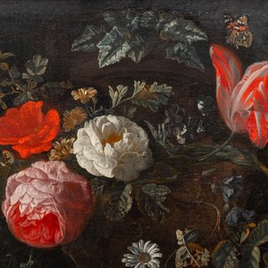 Van Verendael, Nicolaes (1640-1691, toegeschr. aan): Bloemstilleven in tuinvaas met vlinder, olie op doek — foto 4