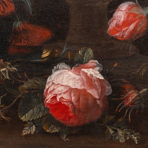Van Verendael, Nicolaes (1640-1691, toegeschr. aan): Bloemstilleven in tuinvaas met vlinder, olie op doek — foto 6