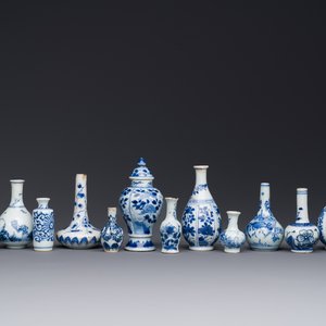 Veertien Chinese blauw-witte miniatuur vazen met floraal decor, Kangxi — foto 1
