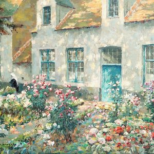 Verbrugghe, Charles (België, 1877-1974), “Begijnhofje van Brugge”, gedat. 1951 (?), olie op paneel — foto 1