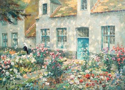 Verbrugghe, Charles (Belgium, 1877-1974), "Bruges Beguinage", dated 1951 (?), oil on panel