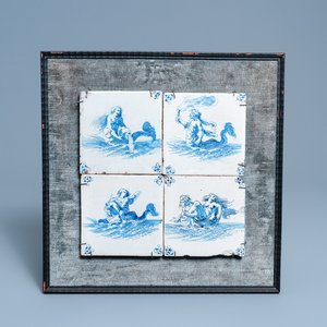 Vier blauw-witte Delftse tegels met zeewezens, 17e eeuw — foto 1