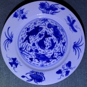 Vier Chinese blauw-witte borden met vissen, Kangxi merk en periode — foto 8