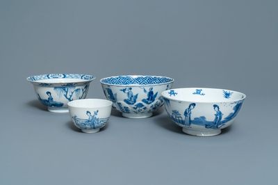 Vier Chinese blauw-witte kommen, Chenghua en Xuande merken, Kangxi
