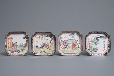 Vier Chinese Canton email vierkante schoteltjes, Qianlong