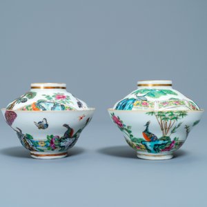 Vier Chinese Canton famille rose bordjes en twee dekselkommen, 19e eeuw — foto 7