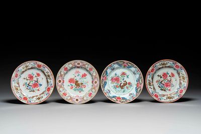 Vier Chinese famille rose borden met bloemen en dieren, Yongzheng/Qianlong
