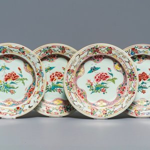 Vier Chinese famille rose borden met pioenen en kraanvogels, Qianlong — foto 1