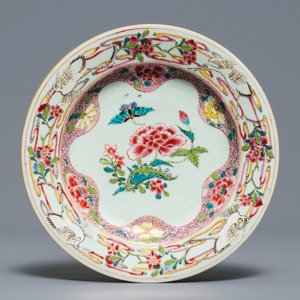 Vier Chinese famille rose borden met pioenen en kraanvogels, Qianlong — foto 3