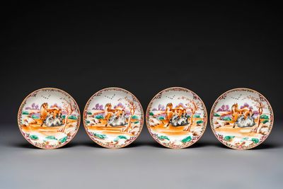 Vier Chinese famille rose koppen en schotels en een suikerpot met decor van twee paarden, Qianlong — foto 5
