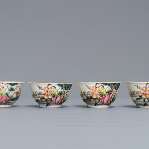 Vier Chinese famille rose koppen en schotels met decor van het 'Afscheid van de zeeman', Qianlong — foto 4