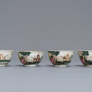 Vier Chinese famille rose koppen en schotels met decor van het 'Afscheid van de zeeman', Qianlong — foto 7
