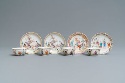 Vier Chinese famille rose koppen en schotels met mandarijns decor, Qianlong