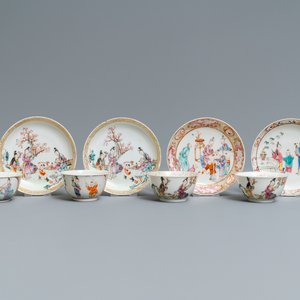 Vier Chinese famille rose koppen en schotels met mandarijns decor, Qianlong — foto 1