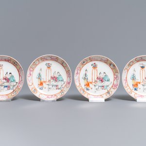 Vier Chinese famille rose koppen en schotels met mandarijns decor, Qianlong — foto 2