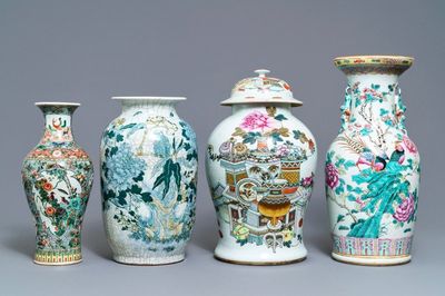 Vier Chinese famille rose, verte en qianjiang cai vazen, 19/20e eeuw