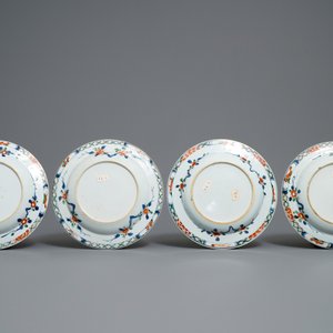 Vier Chinese famille verte borden met eenden in een lotusvijver, Kangxi — foto 3