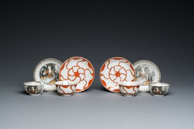 Vier Chinese grisaille en ijzerrode koppen en schotels, Yongzheng/Qianlong