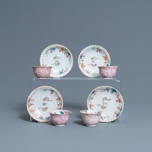 Vier Chinese lotusvormige famille rose koppen en schotels met eekhoorns, Yongzheng — foto 1