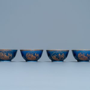 Vier Chinese monochrome blauwe koppen en schotels met verguld landschapsdecor, Qianlong — foto 6
