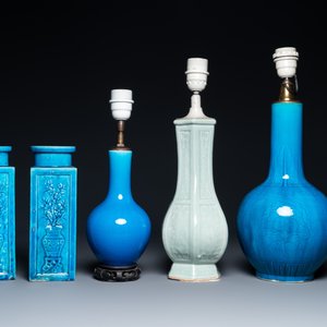 Vier Chinese monochrome turquoise vazen en een celadon vaas, 19/20e eeuw — foto 3