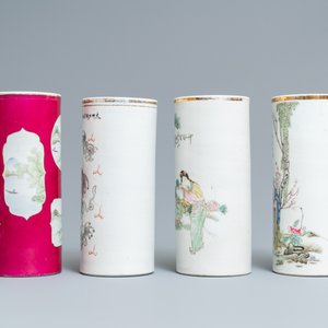 Vier Chinese qianjiang cai hoedensteunen, 19/20e eeuw — foto 4