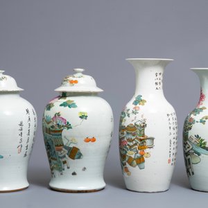 Vier Chinese qianjiang cai vazen met decor van kostbaarheden, 19/20e eeuw — foto 4