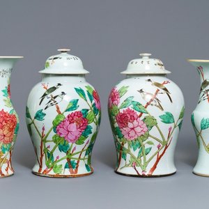 Vier Chinese qianjiang cai vazen met vogels en bloemen, 19/20e eeuw — foto 1