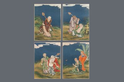 Vier Chinese schilderijen met onsterfelijken, inkt en kleur op papier, 19e eeuw