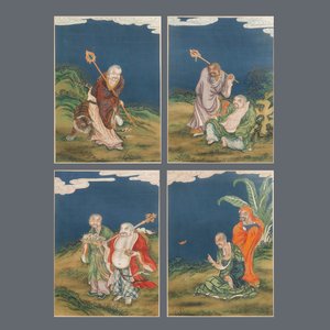 Vier Chinese schilderijen met onsterfelijken, inkt en kleur op papier, 19e eeuw — foto 1