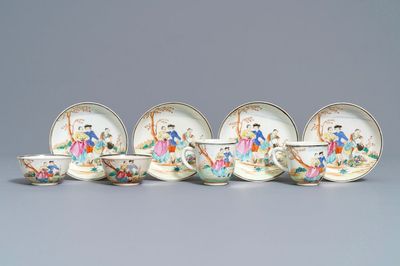 Vier fijne Chinese famille rose koppen en schotels met Europees decor, Qianlong