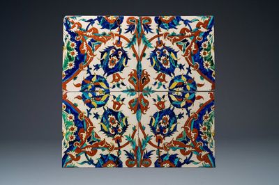 Vier Iznik-stijl tegels, Kütahya, Turkije, 19e eeuw