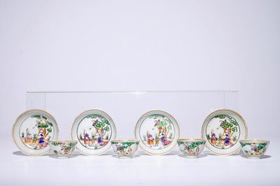 Vier sets Chinese famille rose koppen en schotels met kersenplukkers, Qianlong