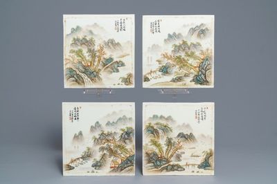 Vier vierkante Chinese qianjiang cai plaquettes met landschappen, 20e eeuw