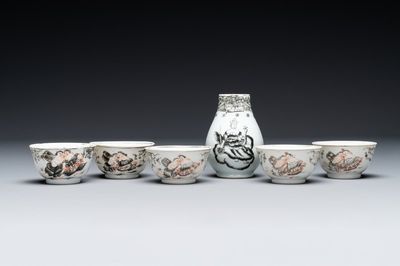 Vijf Chinese export grisaille koppen en een melkkan, Qianlong