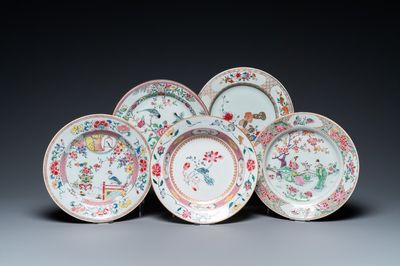 Vijf Chinese famille rose borden, Yongzheng/Qianlong