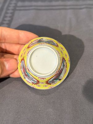Vijf Chinese famille rose koppen en schotels met decor van de 'vier kunsten' op gele fondkleur, Yongzheng — foto 21