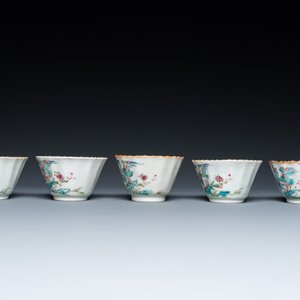 Vijf Chinese famille rose koppen en schotels met een reiger die een vis eet, Qianlong — foto 5