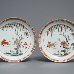 Vijf Chinese famille verte en doucai borden, Kangxi — foto 2