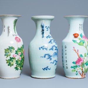 Vijf Chinese qianjiang cai, famille rose en celadon vazen, 19/20e eeuw — foto 3