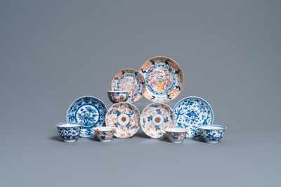 Vijf diverse Chinese koppen en schotels en een bord, Kangxi/Qianlong