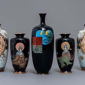 Vijf Japanse cloisonné vazen, Meiji, 19e eeuw — foto 1