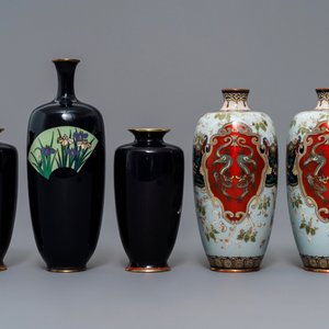 Vijf Japanse cloisonné vazen, Meiji, 19e eeuw — foto 4