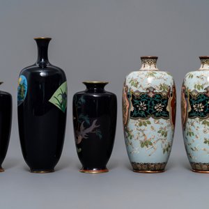 Vijf Japanse cloisonné vazen, Meiji, 19e eeuw — foto 5