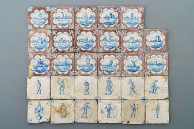 Vingt-neuf carreaux en faïence de Delft bleu, blanc et manganèse, 17/18ème