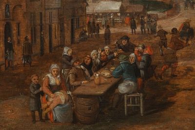 Vlaamse school: Kermistafereel met feesttafel, olie op paneel, 17e eeuw