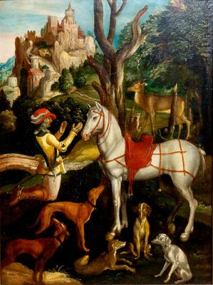 Vlaamse School naar Albrecht Dürer, 16/17e eeuw, olie op paneel: De bekering van de H. Eustachius of Hubertus
